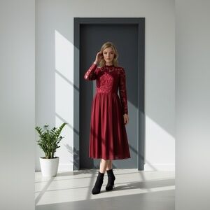 Chi Chi London Deep Red Lace Long Sleeve Dress